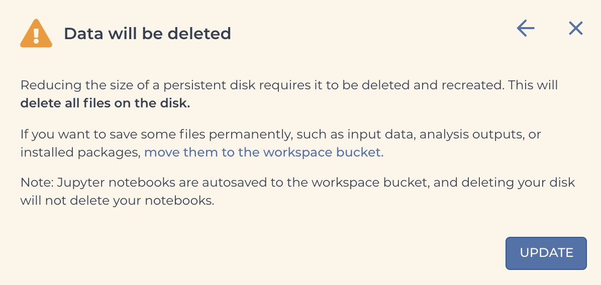Screenshot of the warning message that Terra will show if you attempt to decrease the size of an existing Persistent Disk.