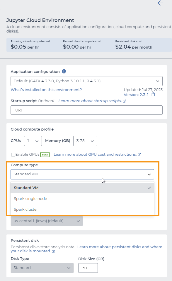 Screenshot of the Cloud Environment configuration menu that appears when creating a new Cloud Environment when the Persistent Disk has been saved from the last Cloud Environment. An orange rectangle highlights the options in the Compute Type drop-down menu, which is used to select the type of VM for the new Cloud Environment.