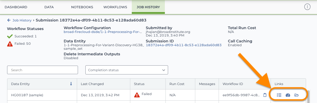 Screenshot of the job history page for a failed workflow. The red exclamation point failed icon is in the status column of the HG00187 (sample) row and there is an arrow pointing to the icons for the backend log, dashboard and backend log directory icons at the far right of the row