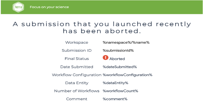 Screenshot of message titled 'a submission that you launched recently has been aborted' that includes details about the workspace name, submission ID, final status (aborted), date submitted, workflow configuration, data entity, number of workflows, and comments