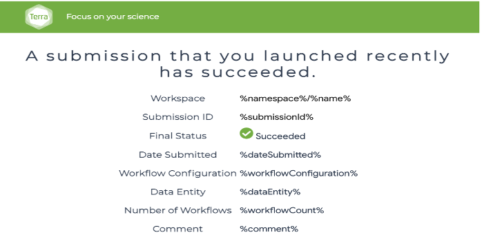 Screenshot of message titled 'a submission that you launched recently has succeeded' that includes details about the workspace name, submission ID, final status (succeeded), date submitted, workflow configuration, data entity, number of workflows, and comments