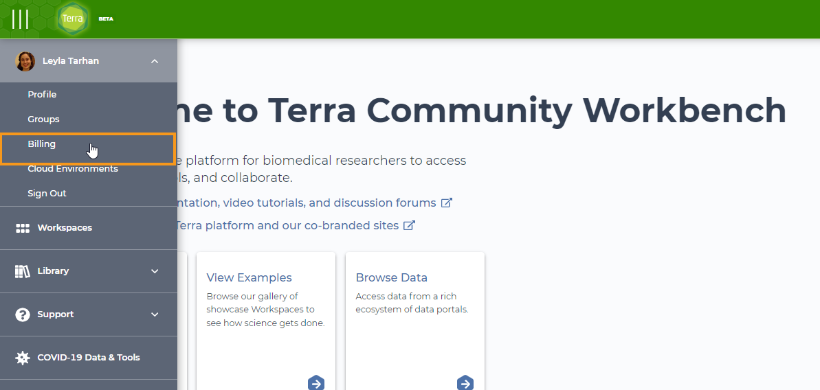 Screenshot of the drop-down main menu used to navigate to the Billing page from any page in Terra. An ornage rectangle highlights the Billing menu, which is listed under the user's name.