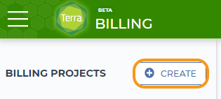 Screenshot of the button used to create a new billing project. The button says 'create' and has a blue plus sign. An orange rectangle highlights this button.