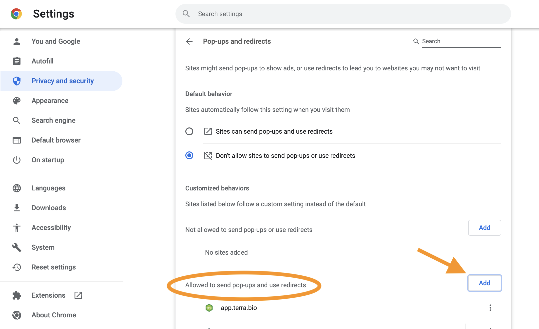 Screenshot of the popups and redirects option under privacy and security settings in Google settings with an arrow to the add button beside the allowed to send popups and use redirects option under customized behaviors