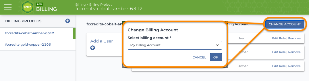 Screenshot of popup to change Billing account in Terra