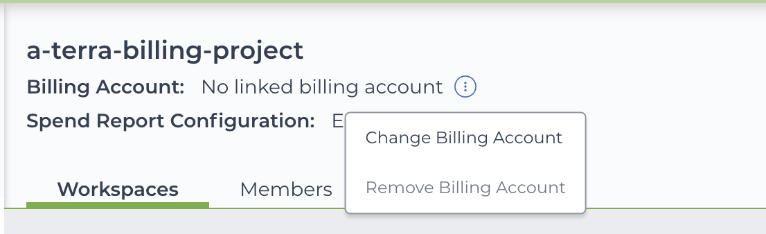 Screenshot of top of Terra Billing project summary screen with 'No access' and a three-vertical-dot action icon with options to change or remove the billing account beside the 'Billing Account name. Change-Google-Cloud-Billing-account_No-access-plus-three-vertical-dots-action-icon_Screenshot.png