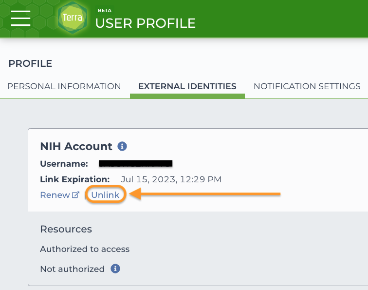 EXTERNAL IDENTITIES tab in the Profile page with the Unlink option highlighted under the NIH account link.