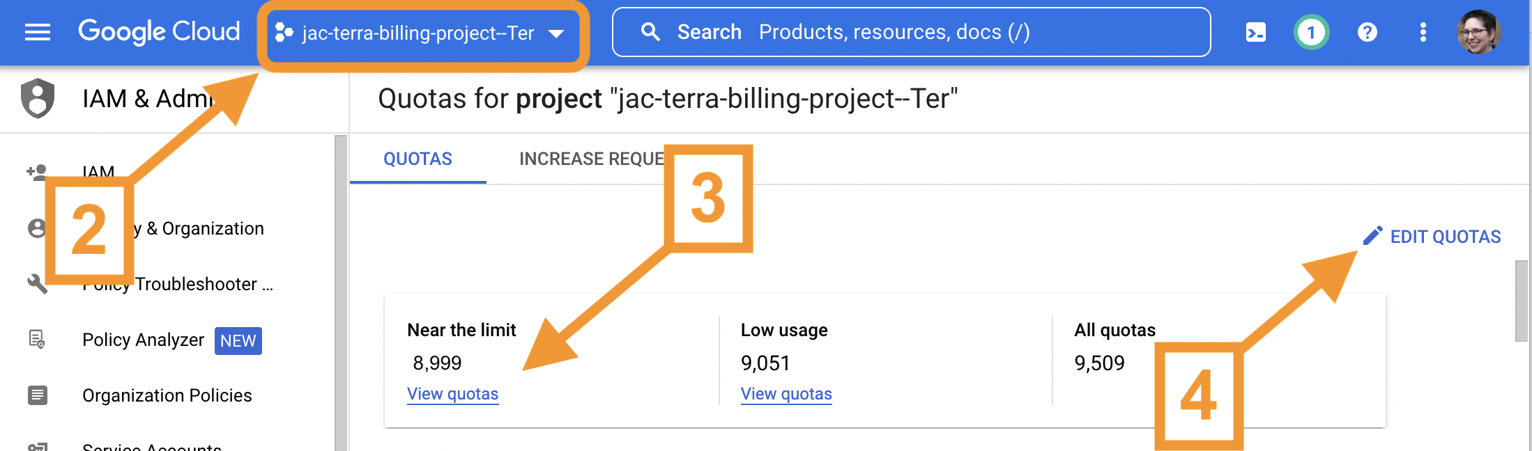 Screenshot of the quota request page on GCP console with the project jac-terra-billing-project highlighted - number 2 - in the dropdown at top left, the near the limit 8,999 highlighted with a number three and an arrow pointing to it, and an arrow and number four pointing to the edit quotas and pencil icon at the right.