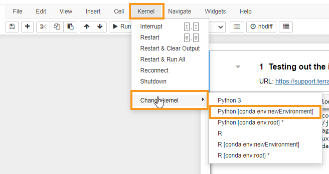 Screenshot showing how to select the newly-created environment. Click on the 'Kernel' menu on the toolbar at the top of the notebook, then hover over 'Change kernel' and select the Python environment with your new environment's name. In this example, that environment is called 'Python[conda:env:newEnvironment].' Orange rectangles highlight each of these steps within the 'Kernel' menu.