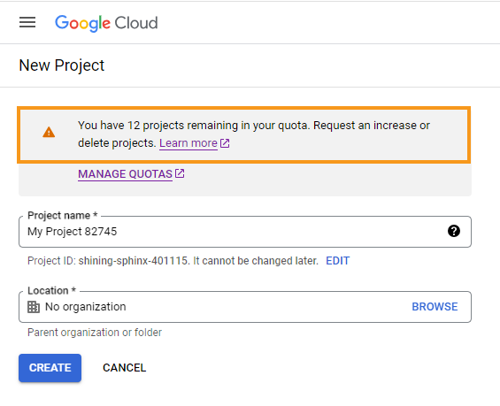 Screenshot showing the Google Cloud console message indicating how much of your projects-per-user quota is left. An orange rectangle highlights this message.