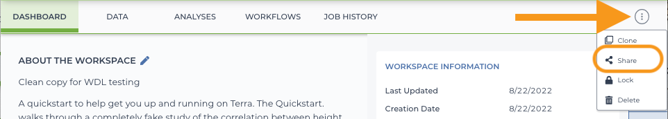 Screenshot of the workspace navigation tabs at the top of a workspace highlighting the workspace action menu button in the top right of the page