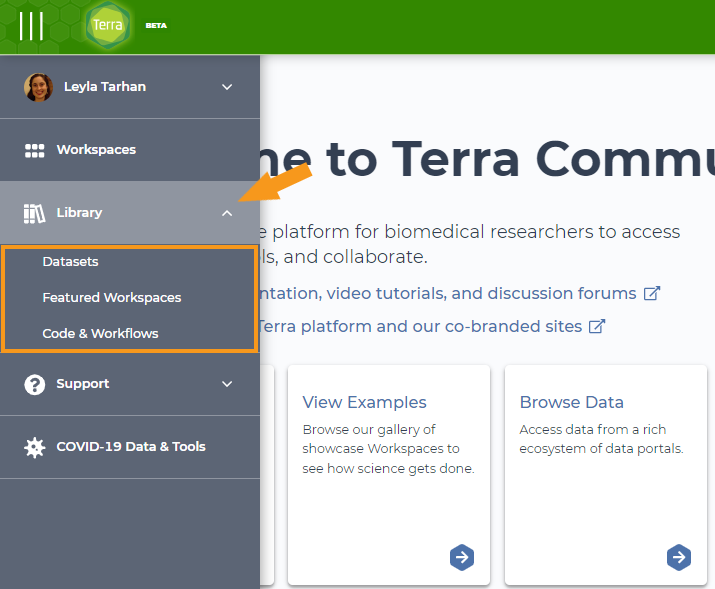 Screenshot of Terra Libraries in terra's main navigation menu. The Library menu is highlighted with an orange arrow and the library's sections (Data, Featured Workspaces, and Code & Workflows) are highlighted with an orange box.