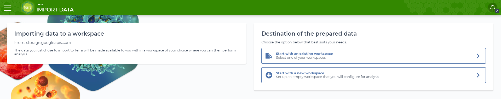Screenshot of the import data menu, with options to import cohort information into an existing or new workspace.