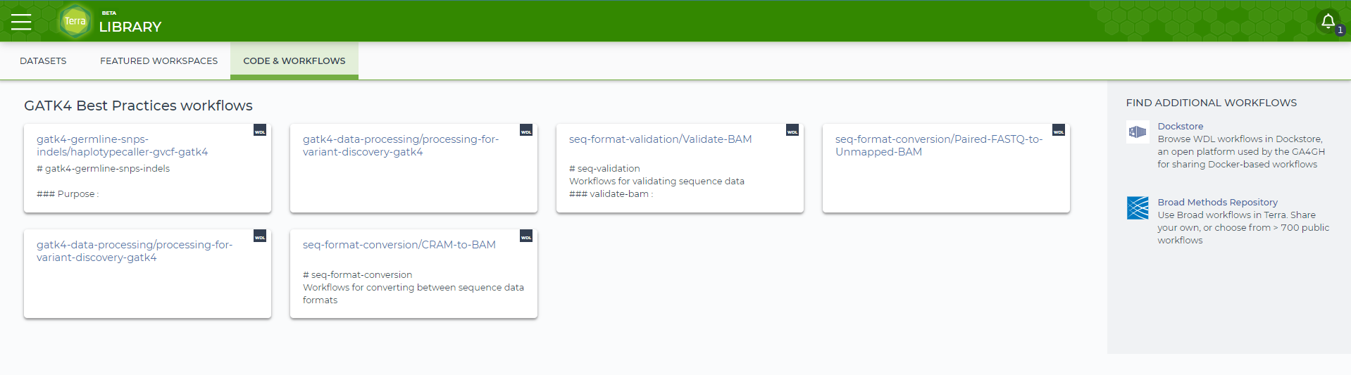 Screenshot of the code and workflows library with several GATK Best practices workflow cards in the main section and an option to find additional workflows from dockstore and the Broad Methods repository in a card on the right.