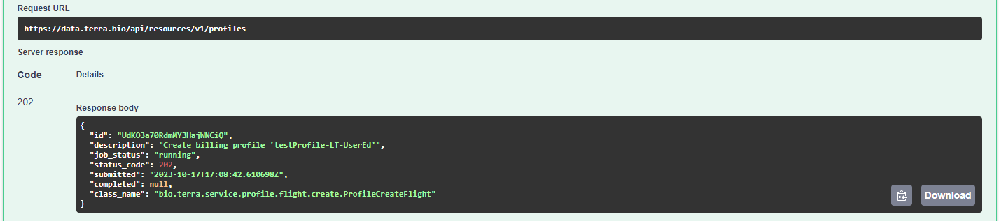 Screenshot of the response body for an example createProfile request job. The 'id' field corresponds to the job's UUID, which can be used to monitor the job's progress.