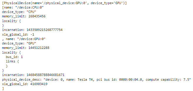 Screenshot showing an example of the output you can expect from running the code to check whether TensorFlow has been successfully installed in your Cloud Environment.