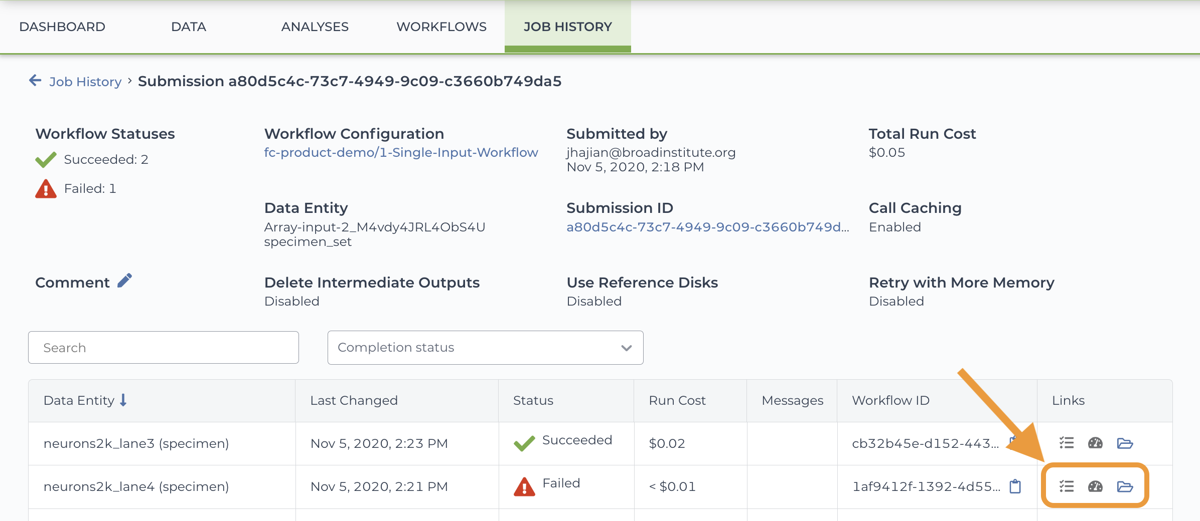 Screenshot showing the submissions details page for an example workflow. An orange box and arrow highlight the icons listed in the 'links' column for one submission in the workflow.