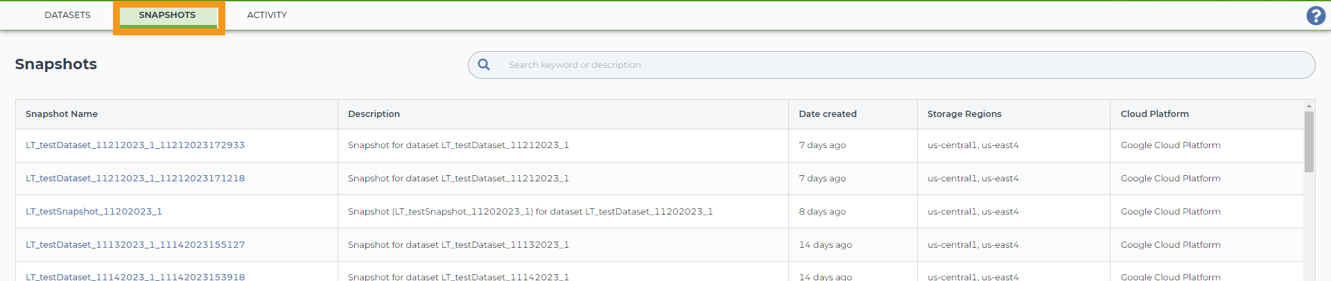 Screenshot showing the contents of an example 'Snapshots' tab on the Terra Data Repository website. An orange box highlights the 'Snapshots' tab at the upper left of the screen.