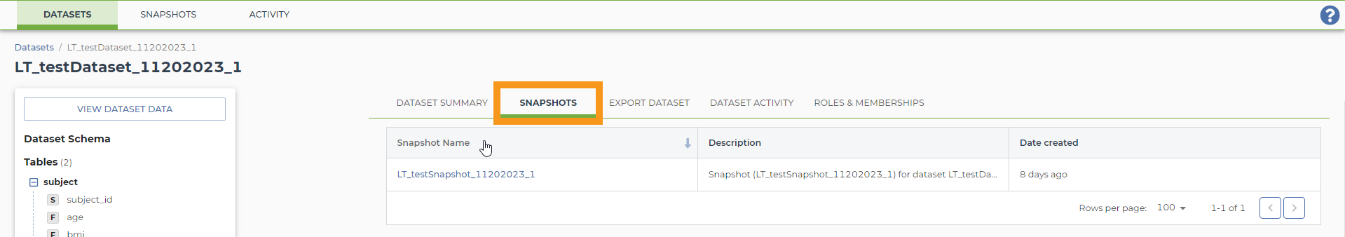 Screenshot showing the contents of the 'Snapshots' tab for an example dataset on the Terra Data Repository website. An orange box highlights the 'Snapshots' tab for this specific dataset.