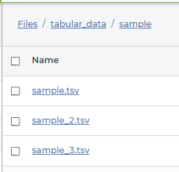 Screenshot showing how files are organized and named for an example TDR dataset. There are three files, named 'sample.tsv', 'sample_2.tsv', and 'sample_3.tsv'. All three files are saved in a folder called 'sample'. All of these files contain data for the same table, which will be called 'sample.'