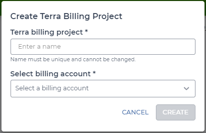 Screenshot showing the screen used to name the new Terra Billing Project and link it to an existing Google Cloud billing account.