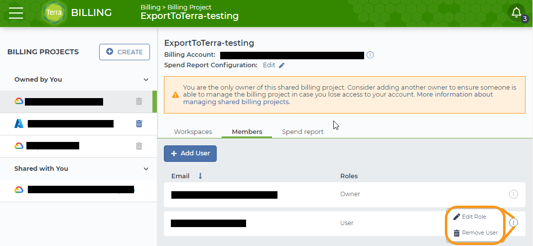 Screenshot illustrating how to edit a user's role on a Terra billing project. An orange box highlights a menu of options that appears after clicking the three dots icon to next to the user's information. The options are 'remove user' and 'edit role'.