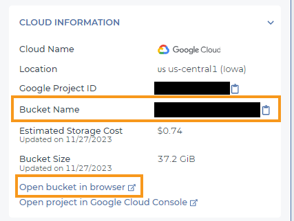 Screenshot showing the link to open the workspace bucket in the google cloud console from the Cloud Information section of the workspace's Dashboard.