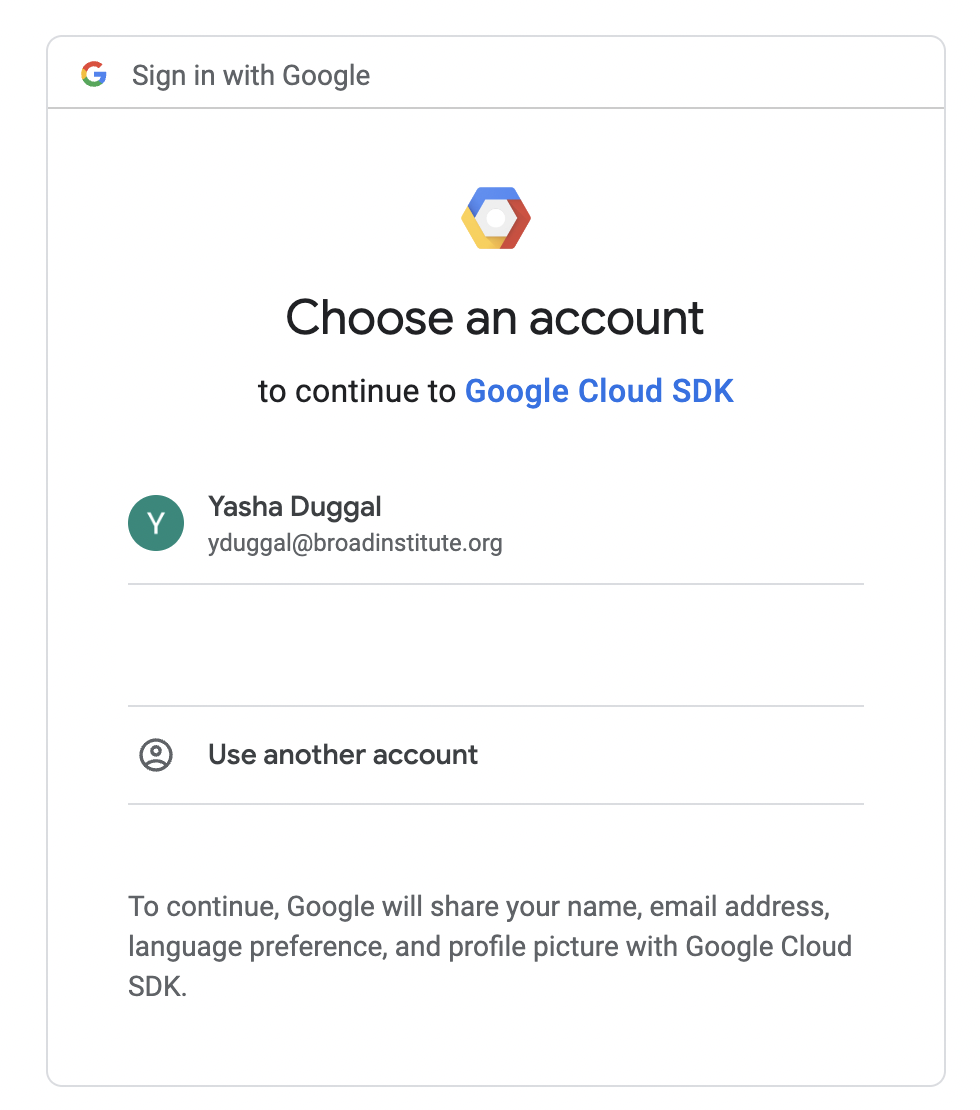 Prompt to choose an account for signing into Google for Google Cloud SDK