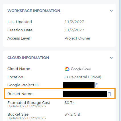 Screenshot showing the Cloud Information section of an example workspace dashboard. An orange rectangle highlights the google bucket name for the workspace.