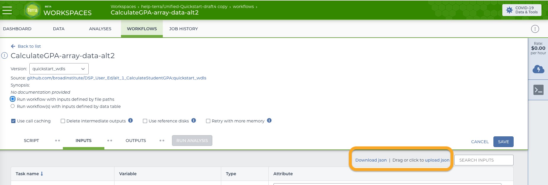 screenshot of input tab of the workflow configuration card with the link to download json or drag or click to upload jason on the right side circled in orange