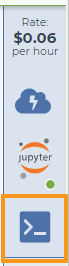 Screenshot showing the button used to open a terminal window on Terra. An orange square highlights this button, which is below the Environment Configuration and Jupyter Cloud icons on the right-hand panel of any workspace page.
