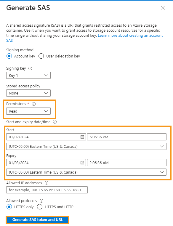 Screenshot showing how to generate a signed URL for an example Azure file. Orange rectangles highlight the dropdown menu used to assign 'read' permissions for the URL, the menu used to set when the URL's valid period starts and ends, and the button used to generate the URL.