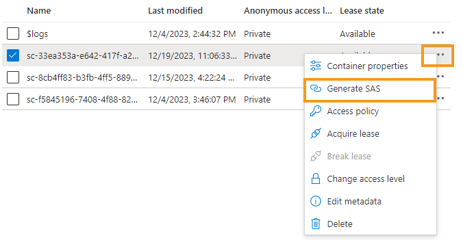 Screenshot showing how to generate a signed URL for an example Azure file.