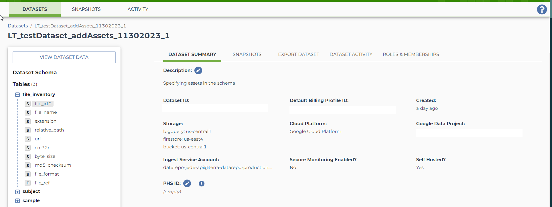 Screenshot of an example dataset on the Terra Data Repository's web interface.