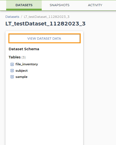 Screenshot of an example dataset on the TDR website. An orange rectangle highlights the 'View Dataset Data' button on the left-hand panel of the dataset summary page.