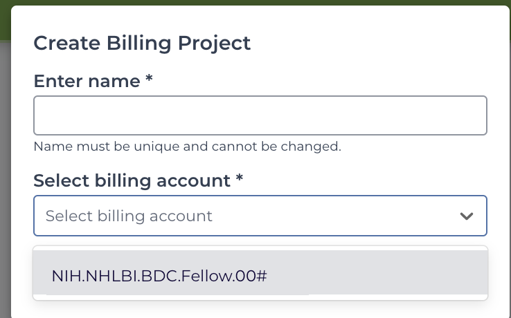 Screenshot of the modal window used to name a new billing project and link it to STRIDES credits.