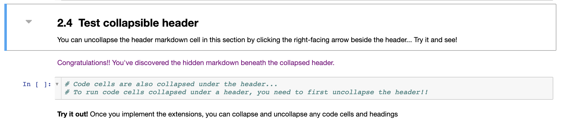 Screenshot of a collapsible section of an example notebook, in the expanded state. The code block in this section is now visible.