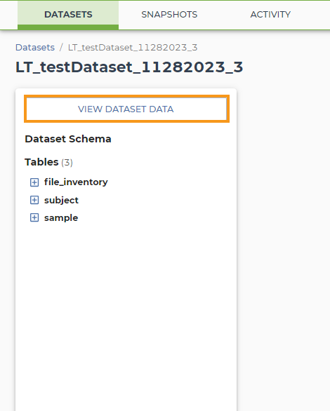 Screenshot of an example TDR dataset on the TDR website. An orange rectangle highlights the 'view dataset data' button at the top left of the screen.