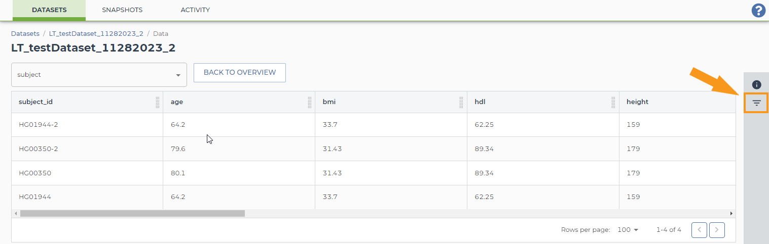 Screenshot of the view of a table in an example dataset on the TDR website. An orange rectangle and arrow highlight the filter button on the right-hand panel of the screen, which looks like an inverted triangle made up of three horizontal lines.