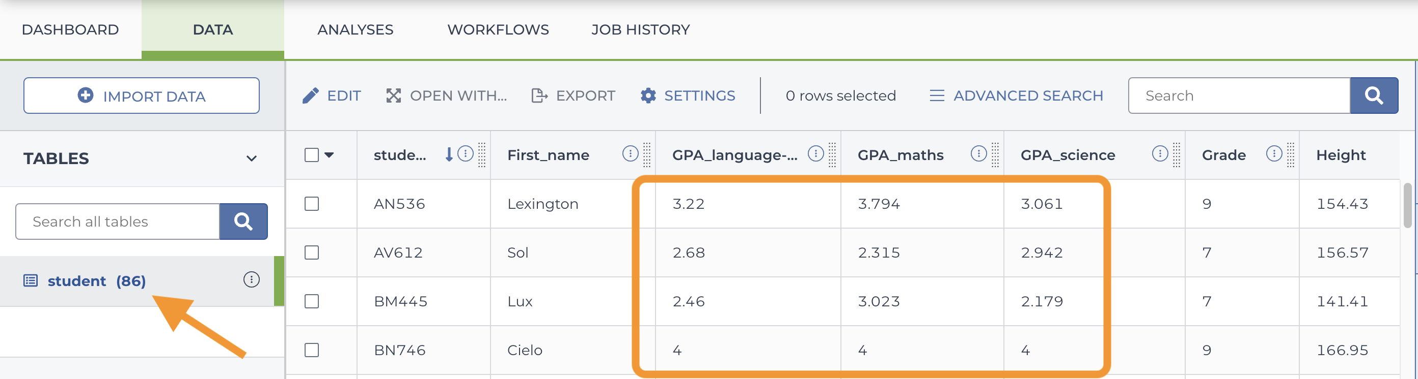 Workflows-Quickstart_Screenshot-of-student-table-with-GPA-data-circled.png