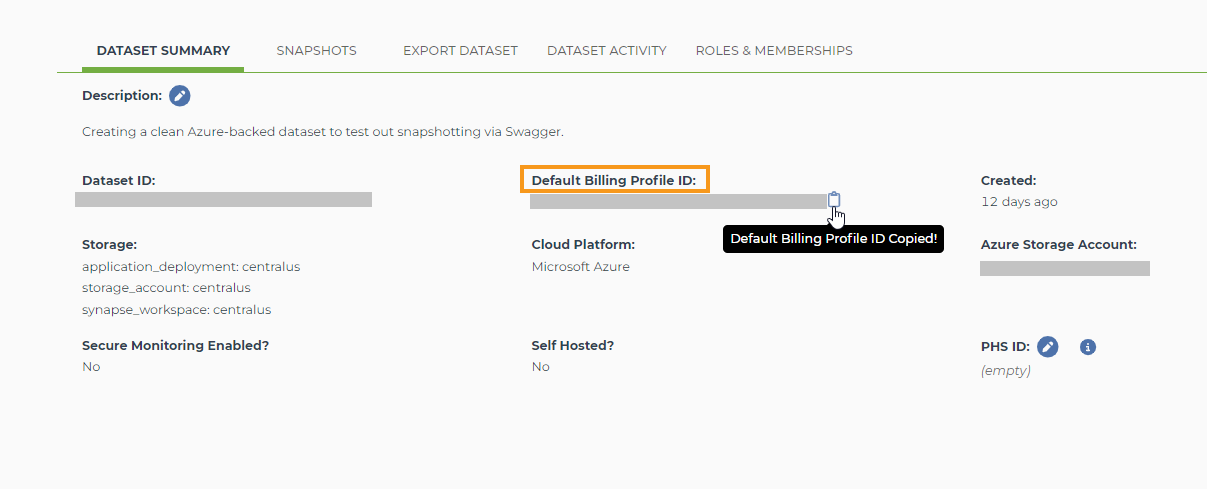 Screenshot of the dataset summary tab for an example dataset on the TDR website. An orange rectangle highlights the default billing profile ID field. A mouse icon is hovering over the clipboard icon to the right of the billing profile ID.
