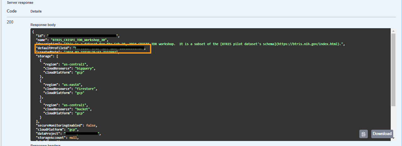 Screenshot of the response body from a retrieveDatasetSummary API call. An orange rectangle highlights the 'defaultProfileID' field.