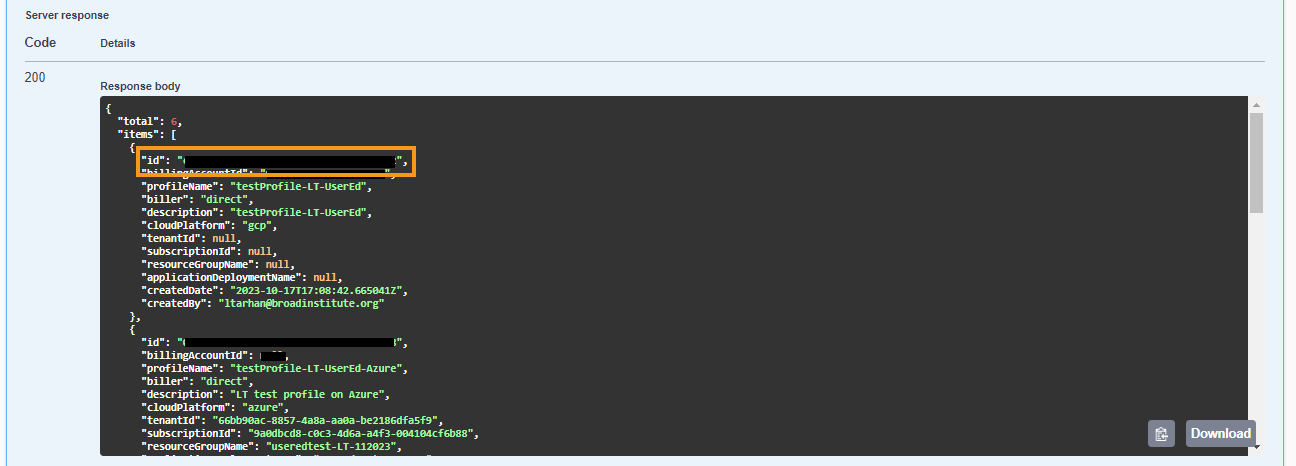 Screenshot of the response body from an enumerateProfiles API call. An orange box highlights the 'id' field.