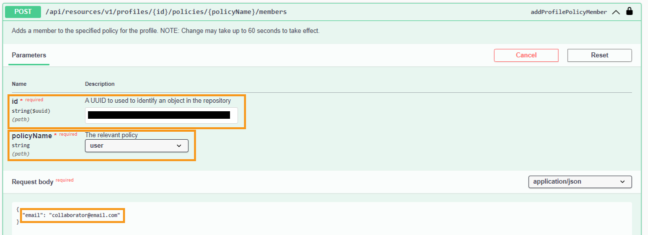 Screenshot of the request form for the addProfilePolicyMember endpoint. Orange rectangles highlight the 'id', 'policyName', and 'email' fields.