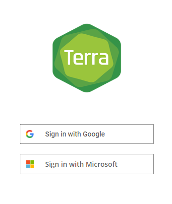 Screenshot of the Terra login screen, with options to sign in with Google or Microsoft credentials.