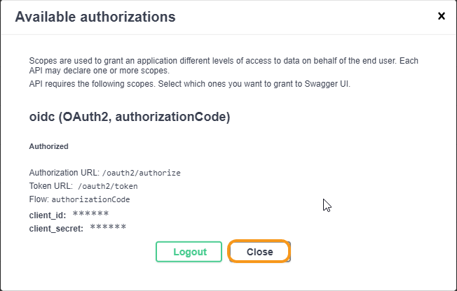 Screenshot of the available authorizations popup window, after Swagger has been authenticated. An orange rectangle highlights the 'close' button.