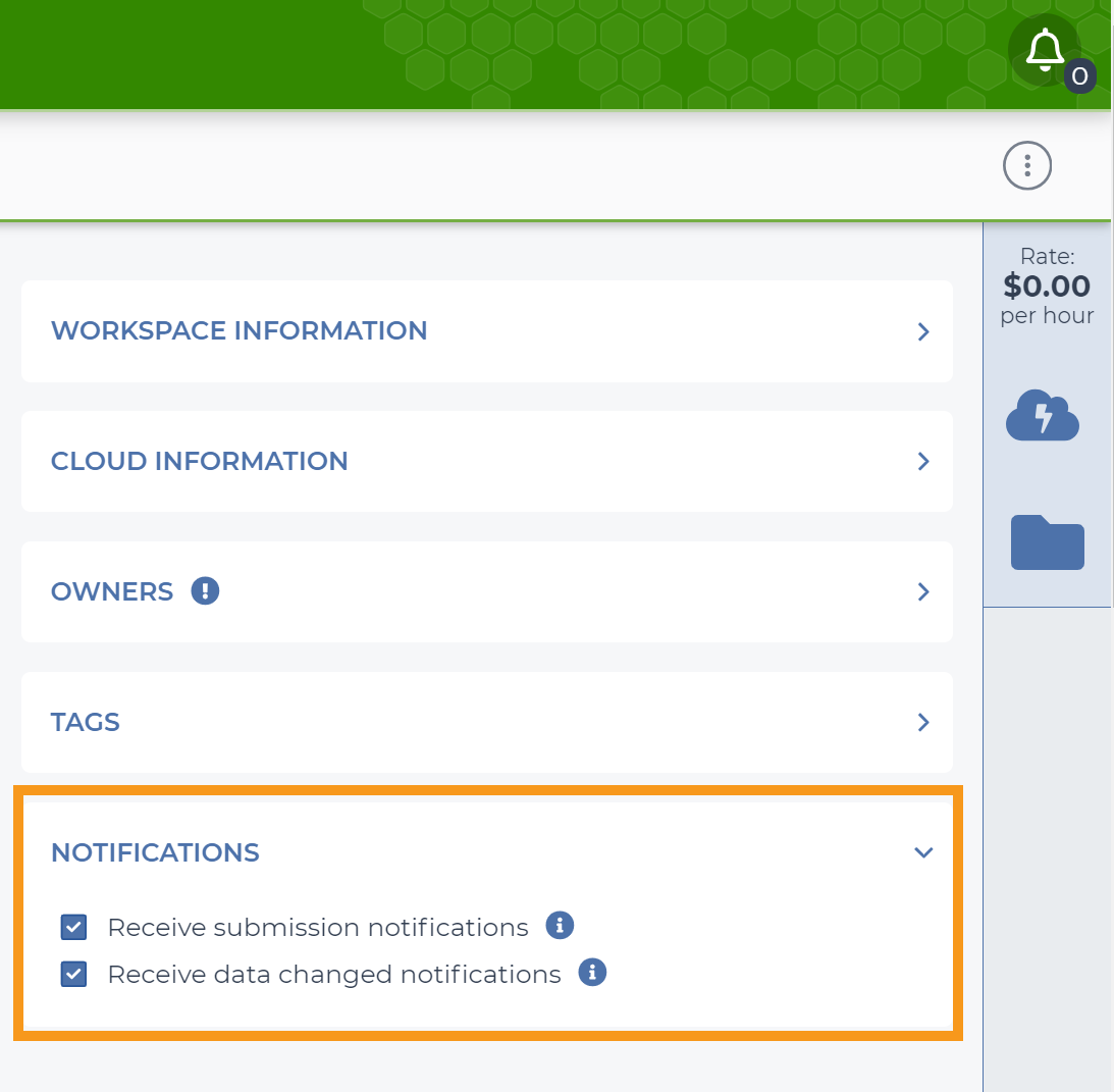Screenshot of an example workspace's dashboard with the notification settings menu expanded. An orange rectangle highlights the section with two checked boxes: one labeled 'Receive submission notifications' and one labeled 'Receive data changed notifications'.