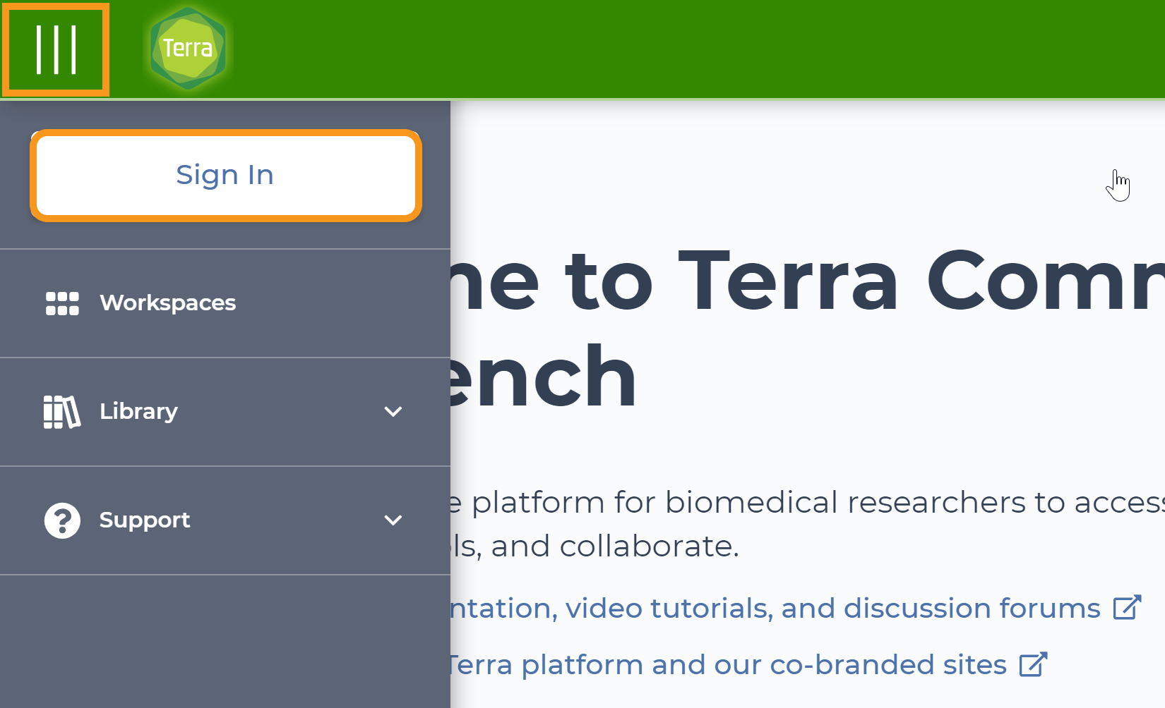 Screenshot of app.terra.bio landing page. Orange boxes highlight the main menu icon with three parallel lines and the 'sign in' button within the main menu.