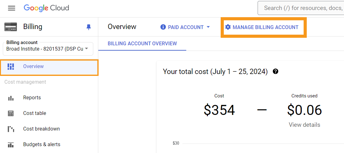 Screenshot showing the 'overview' tab of an example Google Cloud billing project. An orange rectangle highlights the 'Manage billing account' link at the top of the page. Another orange rectangle highlights the 'Overview' section, which is selected from the left-hand panel.