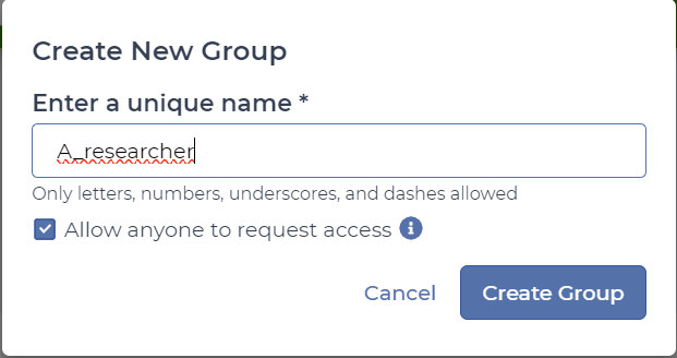 Screenshot of the screen used to create a new Terra group.